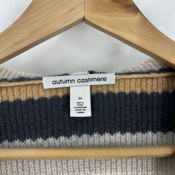 Autumn Cashmere Hoodie Sweater Size Medium Honeycomb Striped Pullover V Neck - Picture 3 of 7